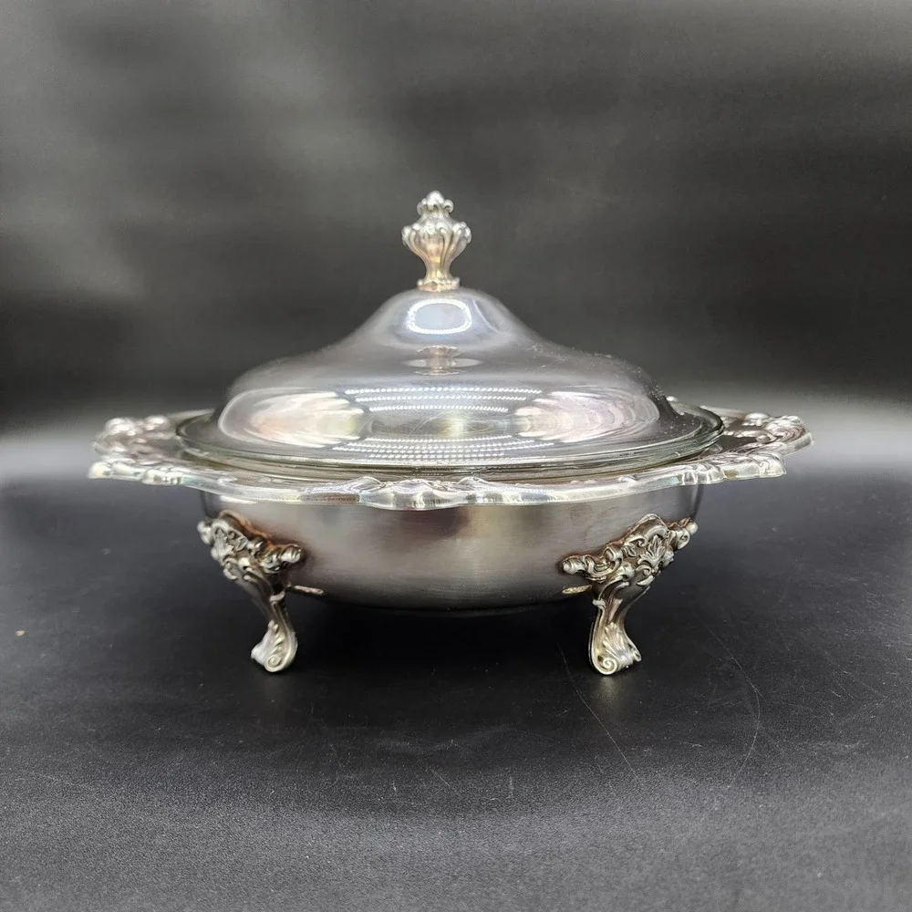 VTG Gorham Silver Plated Glass Insert Lidded Casserole‎ Dish Footed Ornate